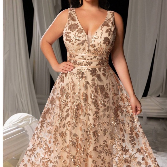 Plus Champagne Floral Sequin Mesh Formal Black Tie Wedding Dress - Picture 13 of 14